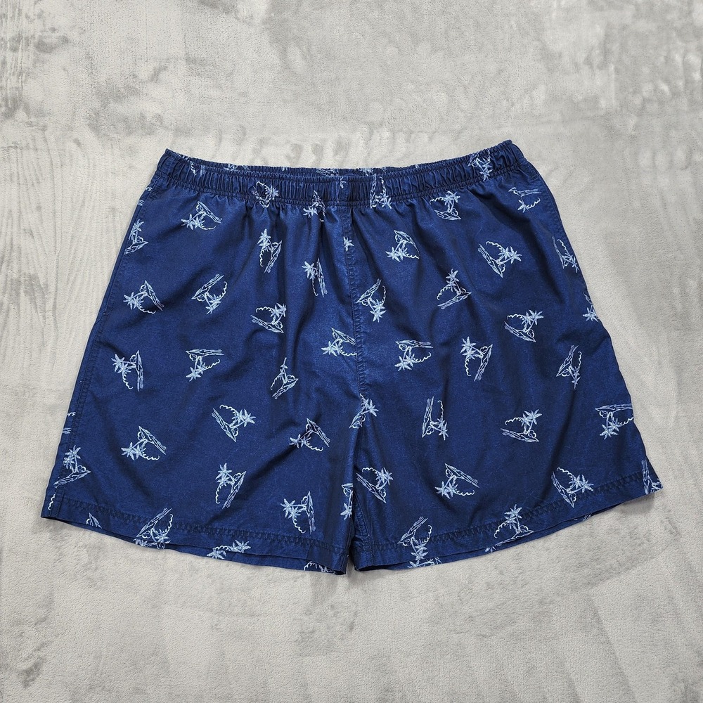 Sand N Sun Swim Trunks Mens 2XL Blue Palm Tree Hawaiian Lined Elastic Waist Surf